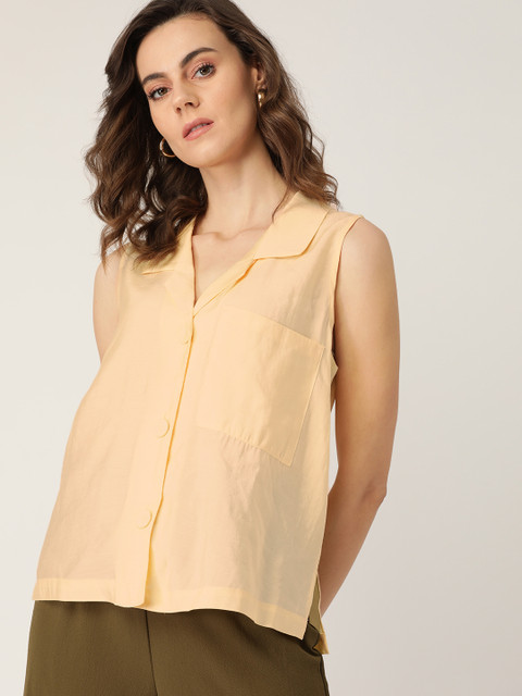 

MANGO Women Cream-Coloured Regular Fit Solid Sleeveless Casual Shirt