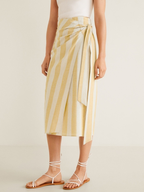

MANGO Women Off-White & Beige Striped Midi Wrap Skirt