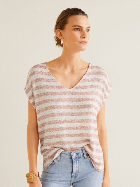 

MANGO Women Off-White & Dusty Pink Striped Top