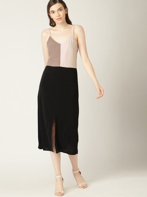 

MANGO Women Beige & Black Colourblocked A-Line Dress