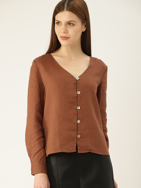 

MANGO Women Brown Linen Solid Top