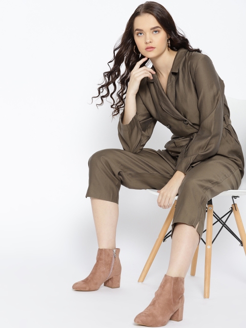 

MANGO Women Olive Brown Solid Basic Jumpsuit