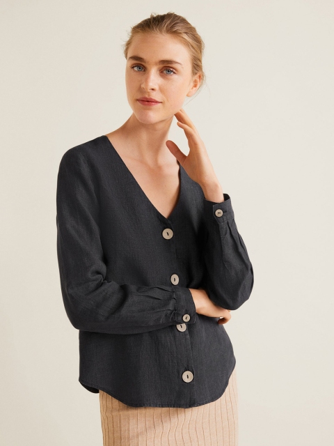 

MANGO Women Charcoal Grey Linen Solid Top