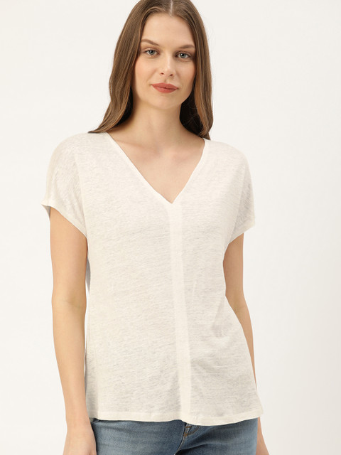 

MANGO Women Off-White Solid V-Neck Linen T-shirt