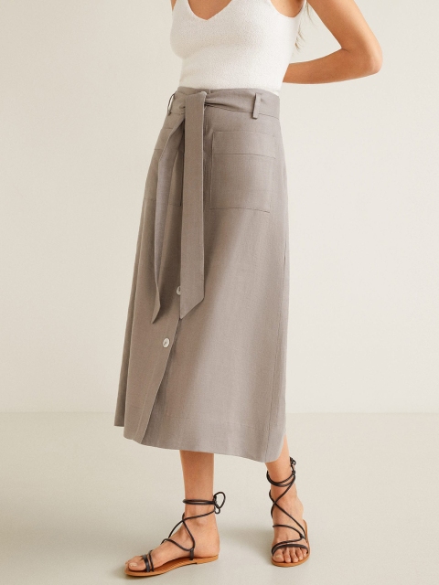 

MANGO Women Taupe Linen Solid A-line Midi Skirt