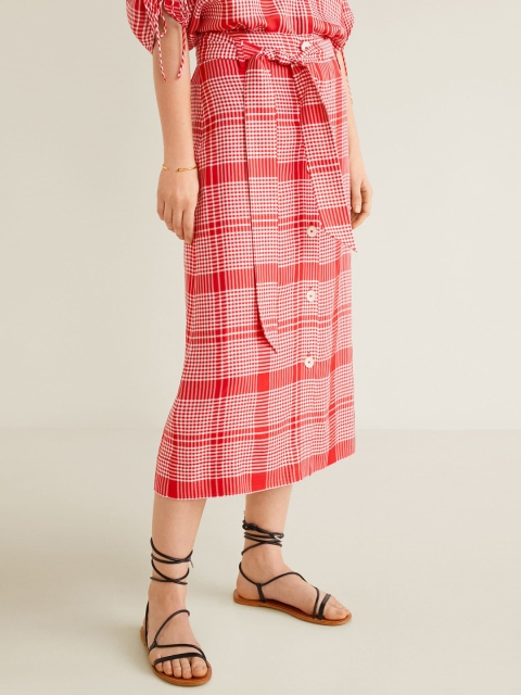 

MANGO Women Red and White Checked Midi A-line Skirt