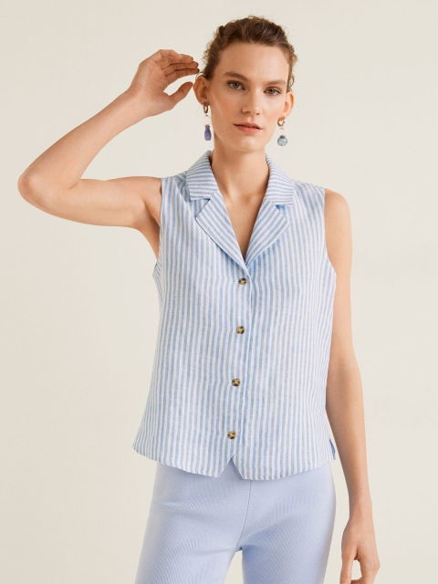

MANGO Women White & Blue Linen Regular Fit Sleeveless Striped Casual Shirt