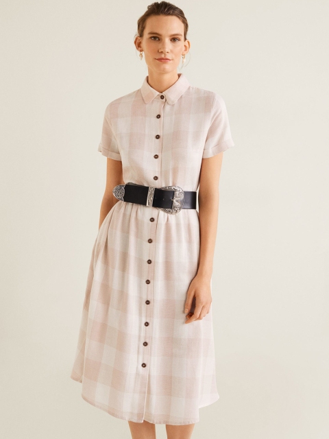 

MANGO Women Off-White & Pink Checked Shirt Dress