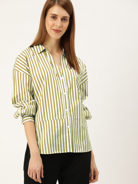 

MANGO Women White & Olive Green Regular Fit Striped Casual Shirt