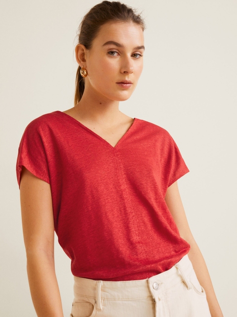 

MANGO Women Red Solid V-Neck Linen T-shirt
