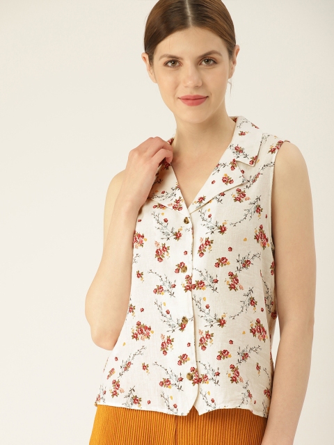 

MANGO Women White & Pink Regular Fit Printed Casual Shirt