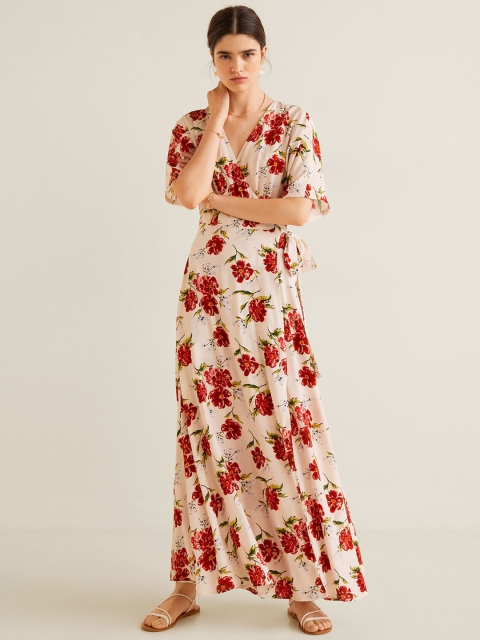 

MANGO Women Cream-Coloured & Red Printed Wrap Maxi Dress
