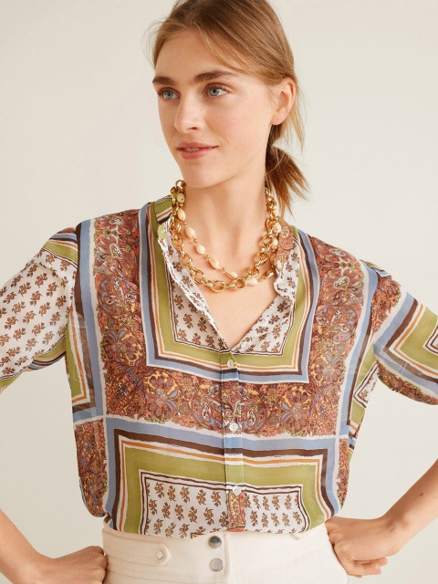 

MANGO Women Off-White & Brown Printed Casual Shirt