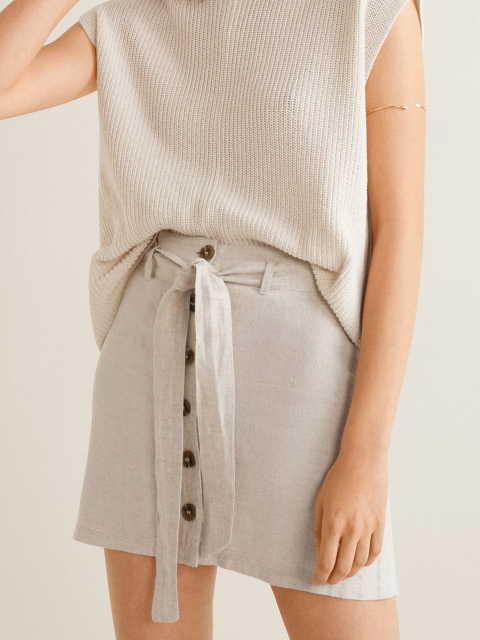 

MANGO Women Beige Solid Linen Mini A-line Skirt