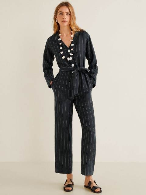 

MANGO Black & White Striped Linen Jumpsuit