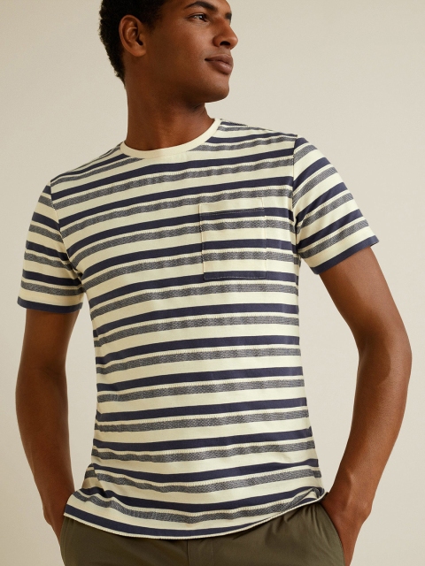 

MANGO MAN Off-White & Navy Blue Striped Round Neck T-shirt