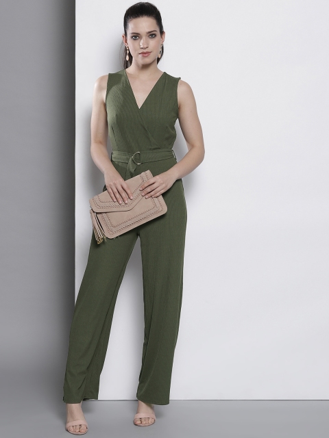 

DOROTHY PERKINS Women Olive Green Self Striped Basic Jumpsuit