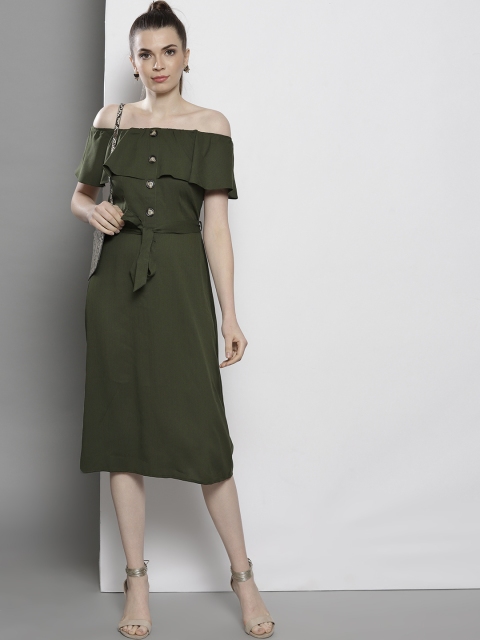 

DOROTHY PERKINS Women Olive Green Solid Bardot A-Line Dress