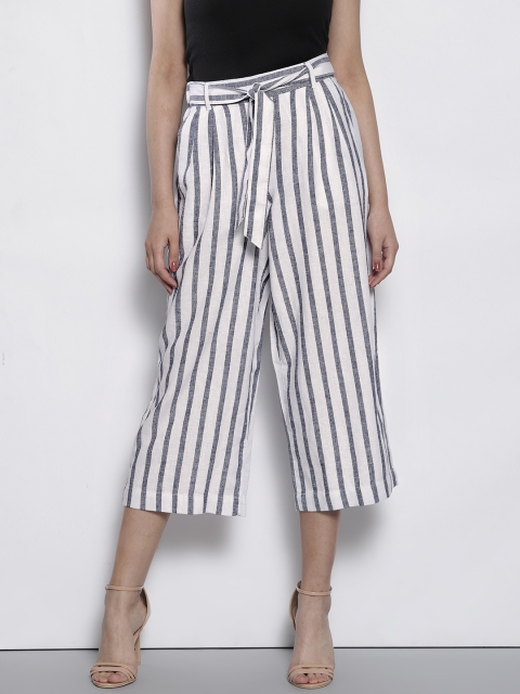 

DOROTHY PERKINS Women White & Navy Blue Regular Fit Cropped Striped Culottes