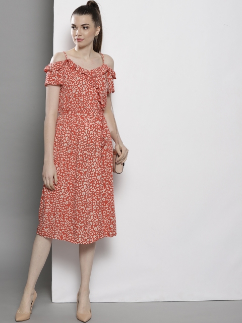 

DOROTHY PERKINS Women Petite Coral Orange Printed Cold-Shoulder A-Line Dress