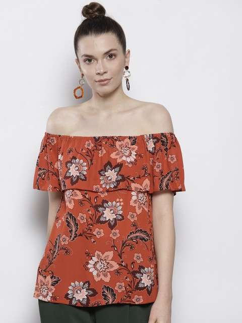 

DOROTHY PERKINS Women Rust Red & Peach-Coloured Printed Bardot Top