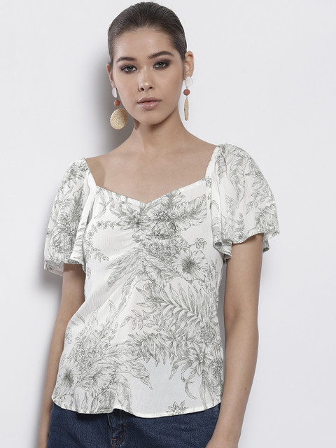 

DOROTHY PERKINS Women White & Green Printed Top
