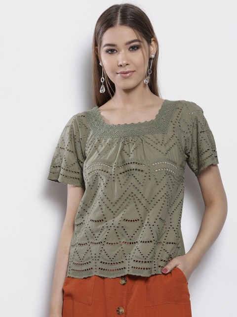 

DOROTHY PERKINS Women Petite Olive Green Schiffli Embroidered Top