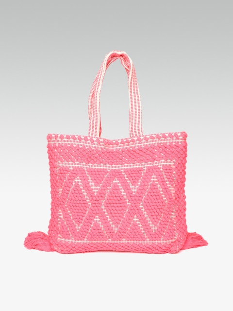 

DOROTHY PERKINS Coral Pink & Off-White Self Design Tote Bag with Tasselled Detail