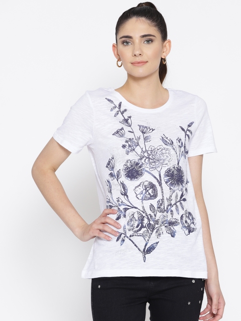 

OVS Women White & Navy Blue Floral Print Round Neck T-shirt