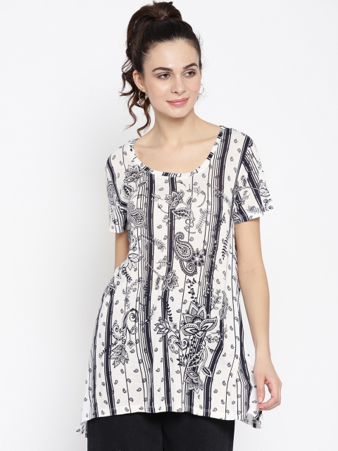 

OVS Women White & Navy Blue Printed Longline A-Line Top