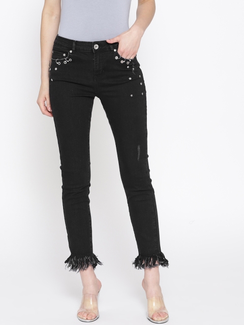 

OVS Women Black Skinny Fit Mid-Rise Low Distress Stretchable Frayed Jeans