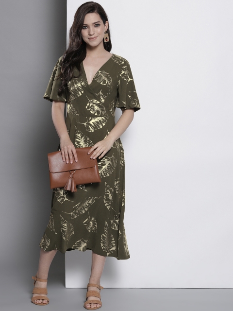 

DOROTHY PERKINS Women Olive Green Printed Midi Wrap Dress