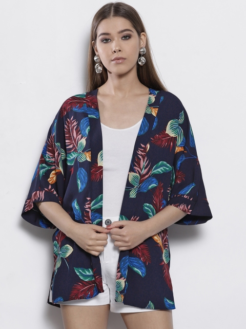 

DOROTHY PERKINS Navy Blue & Maroon Printed Open Front Shrug