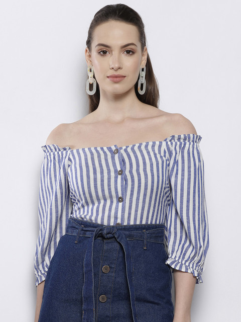 

DOROTHY PERKINS Women Blue & White Striped Bardot Top