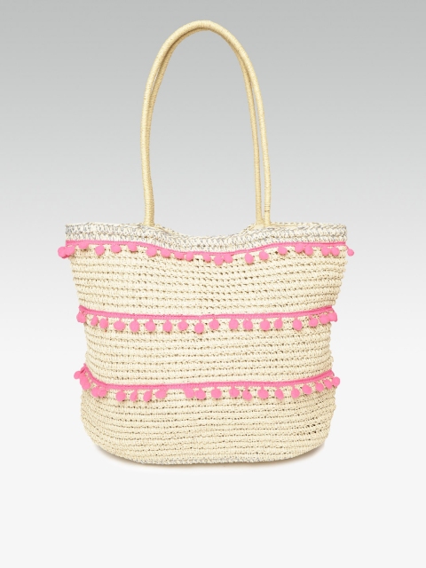 

DOROTHY PERKINS Beige & Pink Woven Design Tote Bag with Pom Pom Detail