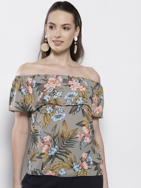 

DOROTHY PERKINS Women Grey & Peach-Coloured Printed Bardot Top