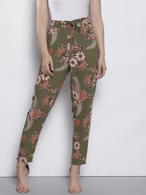 

DOROTHY PERKINS Women Olive Green Floral Print Trousers