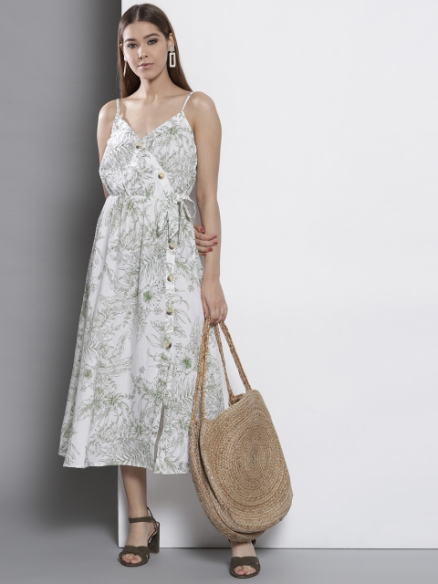 

DOROTHY PERKINS Women White & Green Printed Fit and Flare Dress