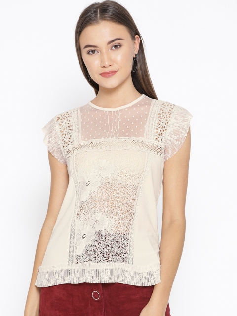 

OVS Women Beige Lace Semi-Sheer Top
