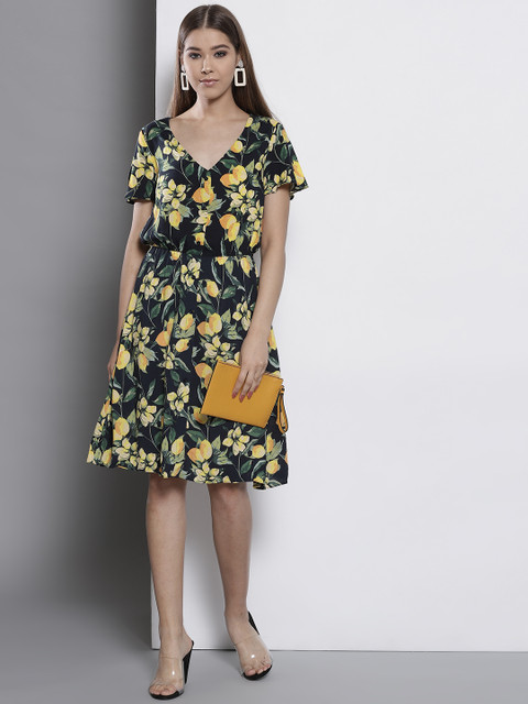 

DOROTHY PERKINS Women Navy & Green Printed A-Line Dress, Navy blue