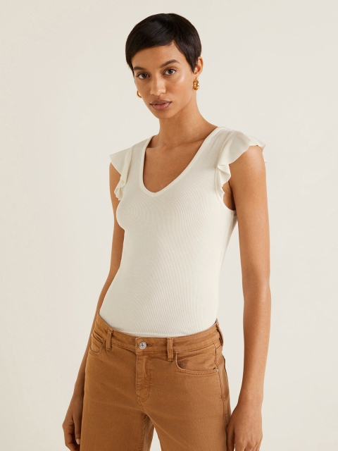 

MANGO Women Off-White Solid Fitted Top