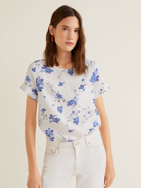 

MANGO Women White & Blue Printed Top