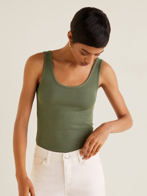 

MANGO Women Olive Green Solid Fitted Top