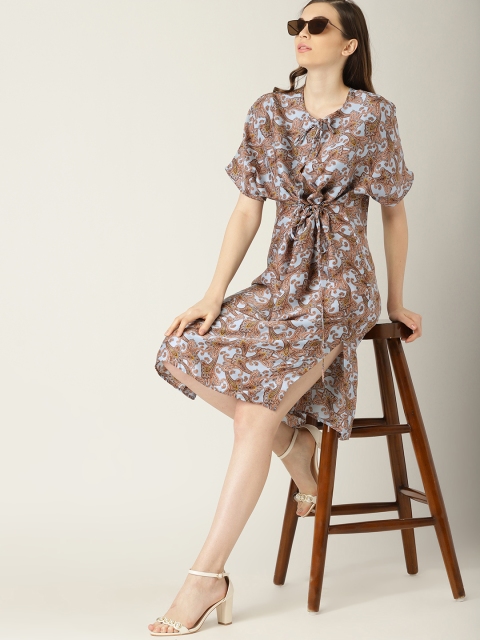 

MANGO Women Beige & Blue Printed A-Line Dress