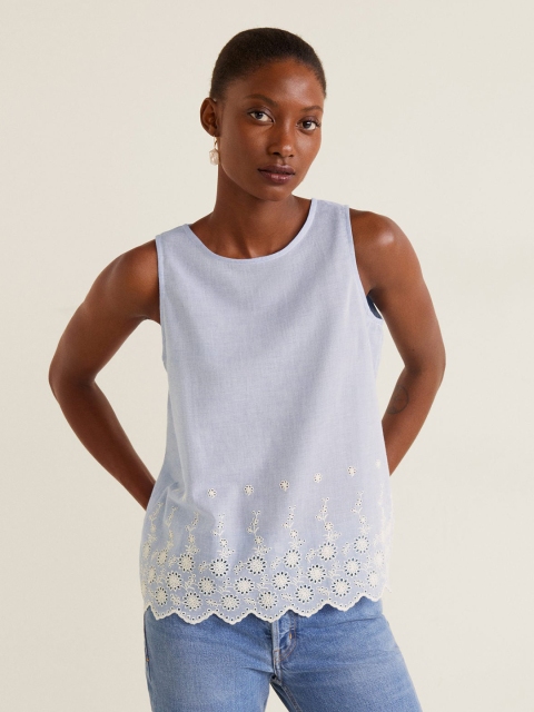 

MANGO Women Blue Solid A-Line Top