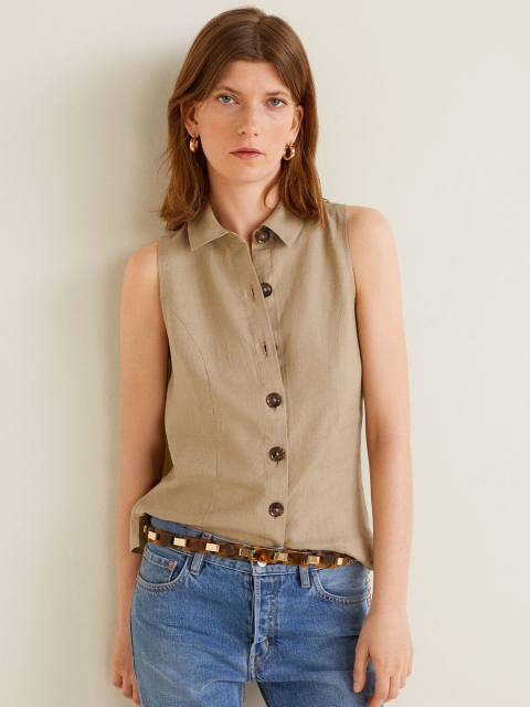 

MANGO Women Beige Linen Sleeveless Casual Shirt