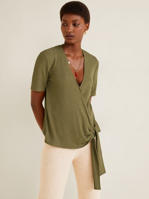 

MANGO Women Olive Green Solid Wrap Top