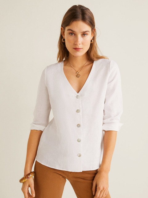 

MANGO Women White Solid Linen Top