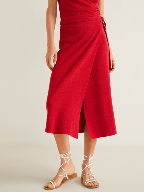 

MANGO Women Red Solid Midi Wrap Skirt