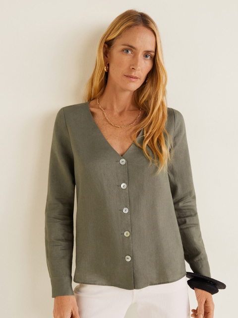 

MANGO Women Olive Green Linen Solid Top